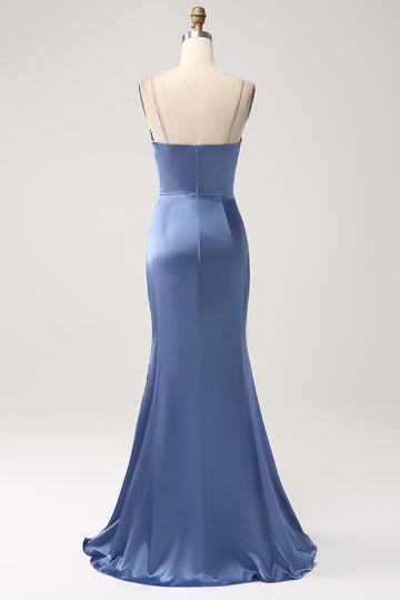 Mermaid Grigio Blu Raso Spaghetti Straps Abito Lungo Prom
